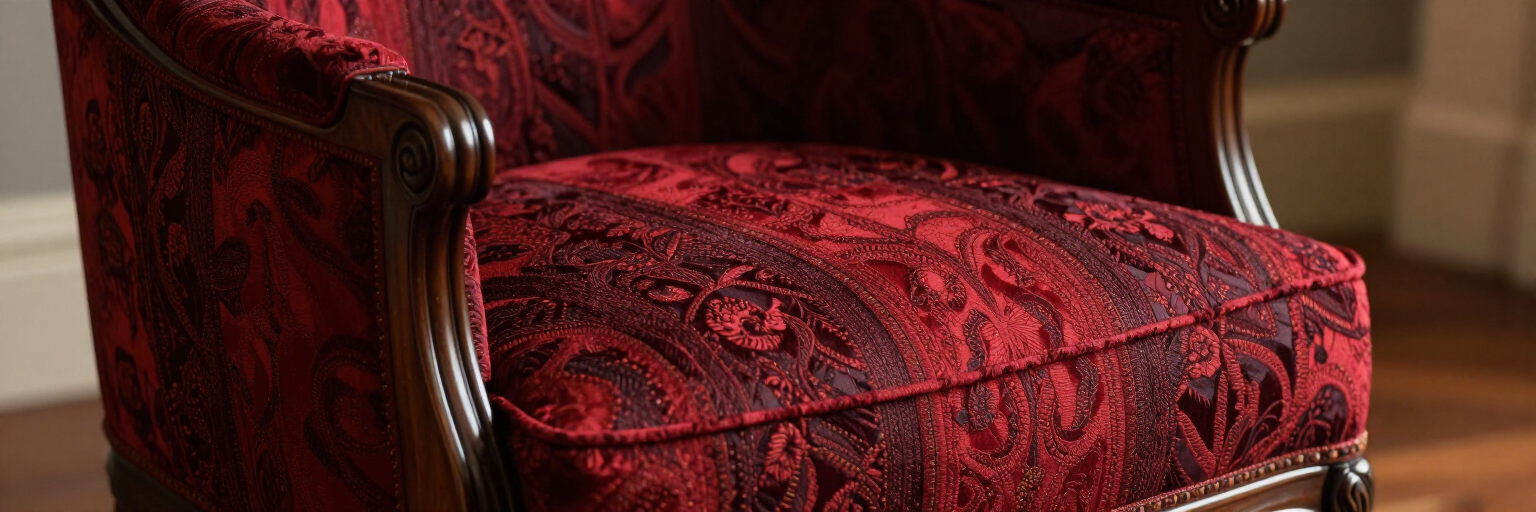 Silla tapizada con estampado rojo, brazos y patas de madera tallada en un interior con poca luz.