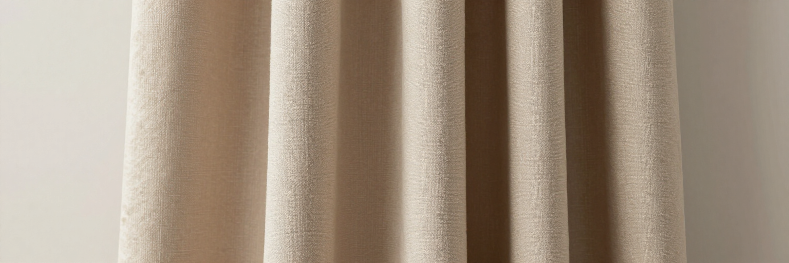 Cortinas beige con suaves pliegues verticales que cuelgan delante de una pared clara.