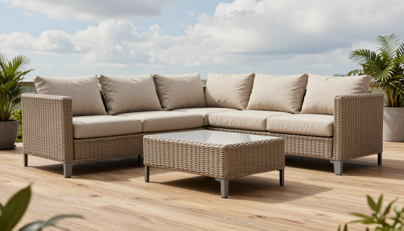 Sofá seccional de mimbre beige para exteriores con mesa de centro a juego en una terraza de madera junto al mar.