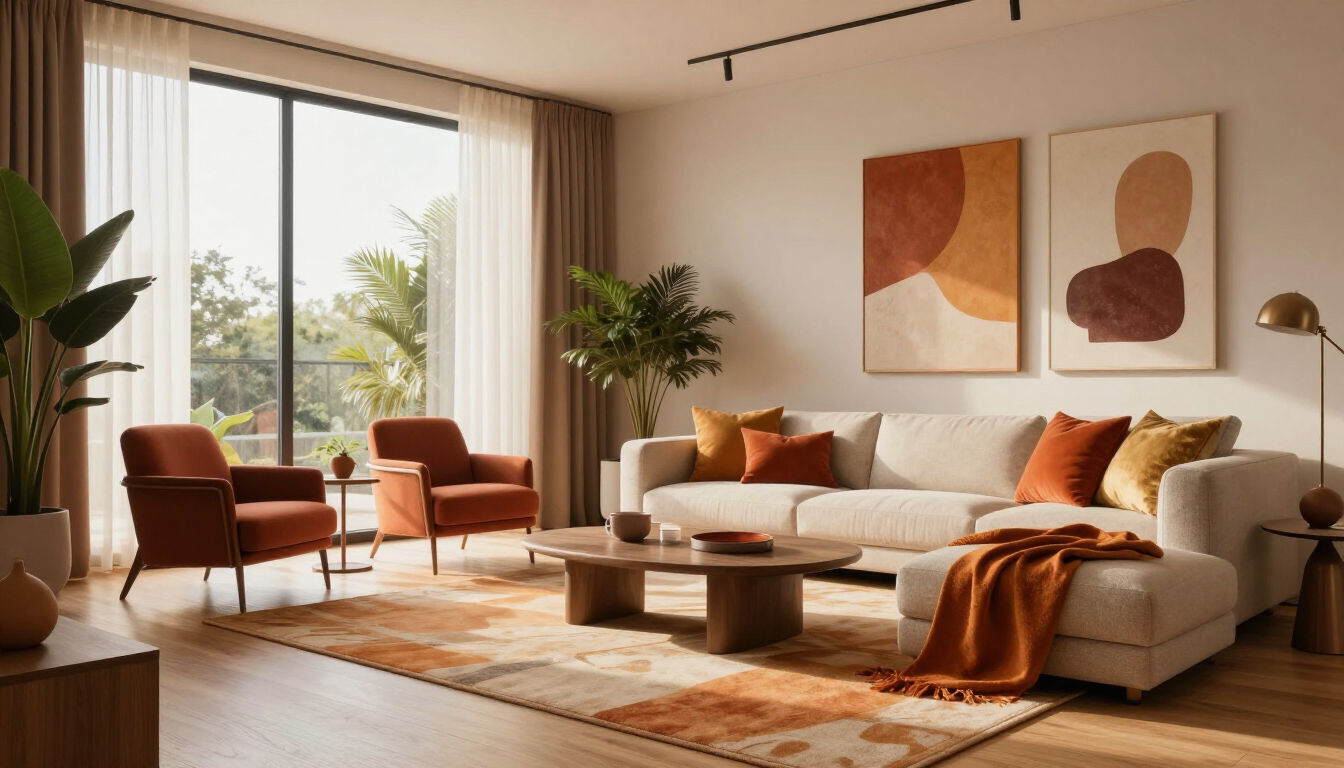 Acogedora sala de estar moderna con sofá modular beige, sillas de color naranja quemado, arte abstracto y grandes ventanales.