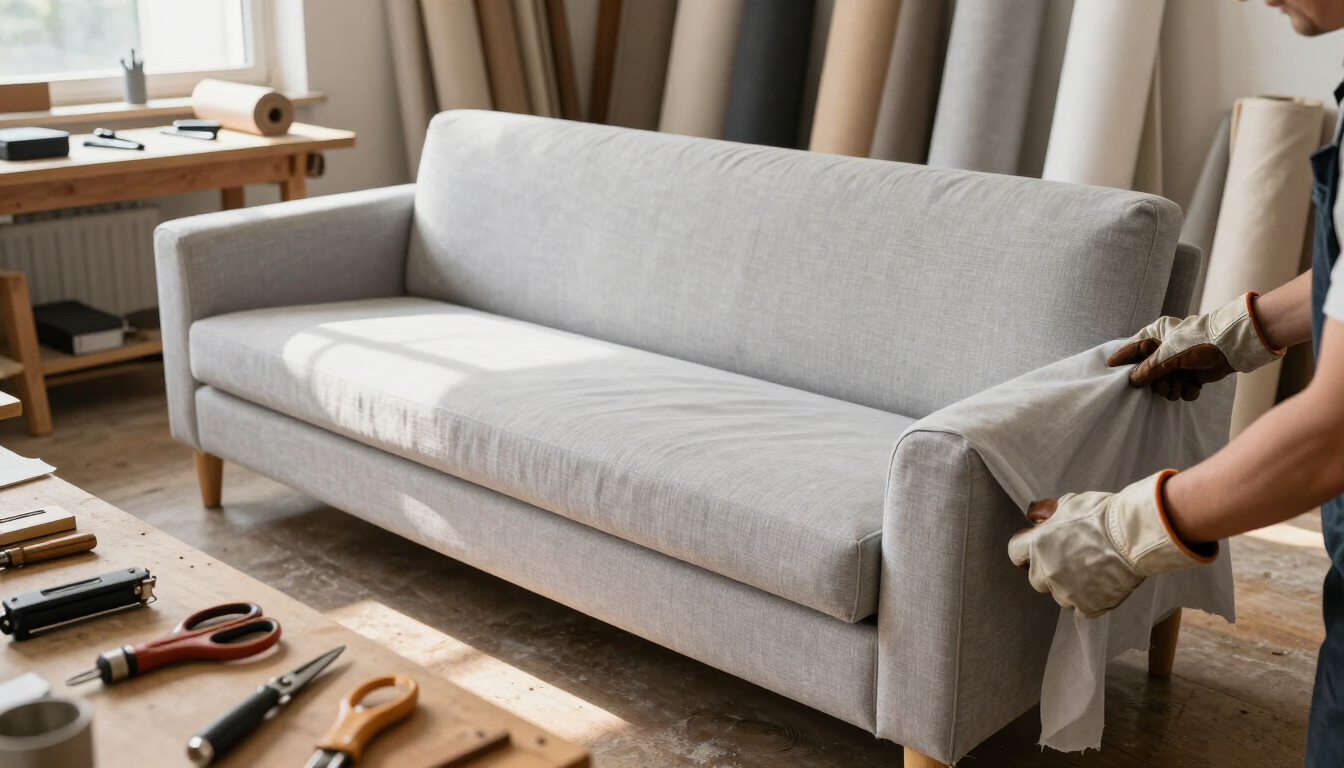 Una persona está tapizando un sofá gris claro en una sala de estar, con las herramientas dispuestas sobre una mesa.