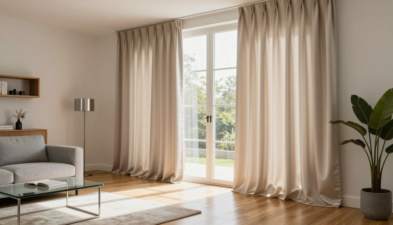 Sala de estar luminosa con cortinas altas de color beige, una ventana grande, sofá, alfombra y planta en maceta.