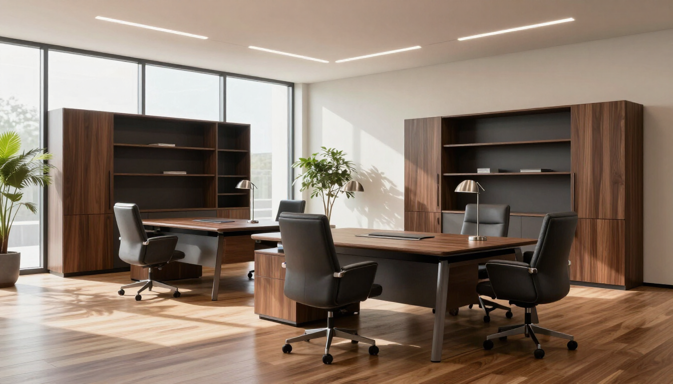 Oficina moderna con escritorios de madera, sillas negras, estanterías y grandes ventanales que dejan entrar luz natural.
