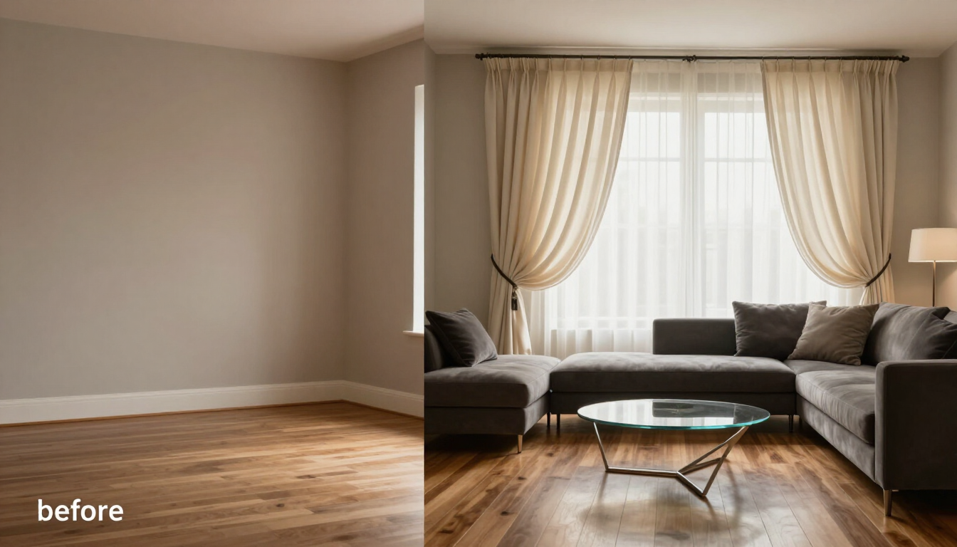Transformación de la sala de estar antes y después: a la izquierda, una habitación vacía de color beige; a la derecha, una zona amueblada con un sofá gris.