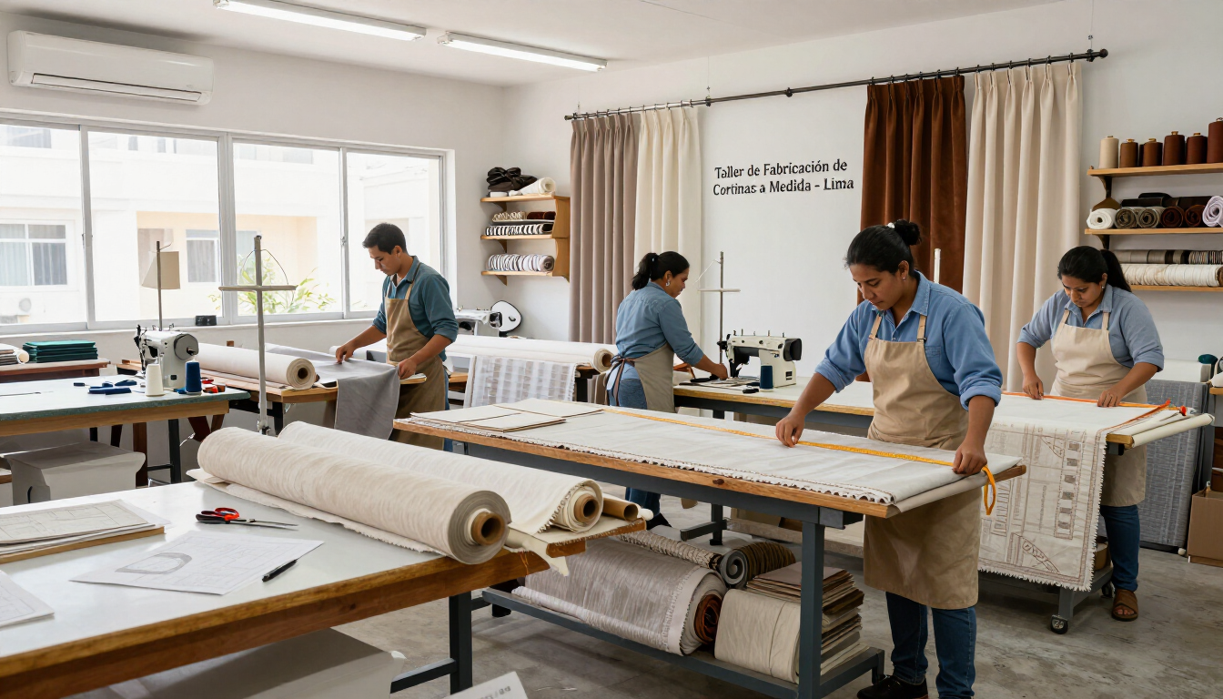 Taller textil con trabajadores midiendo y cortando tela en grandes mesas en un estudio luminoso.