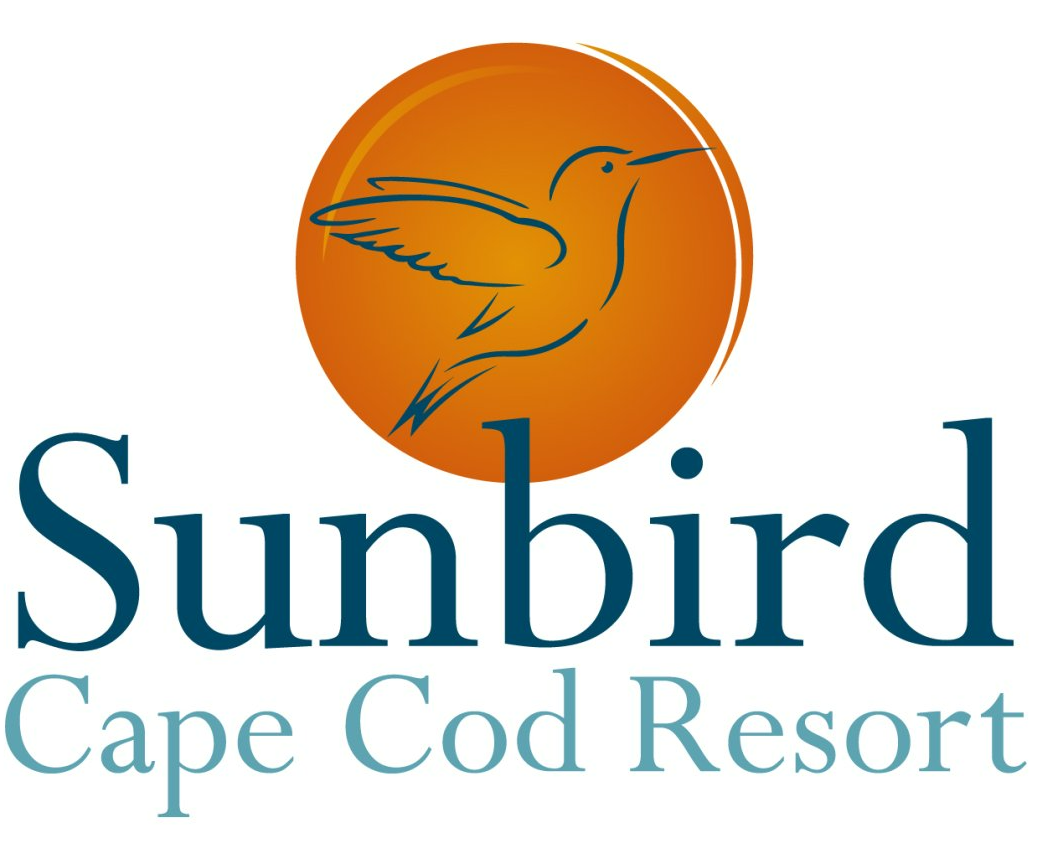 Sunbird Cape Cod Resort logo: Hummingbird silhouette inside orange sun over text.