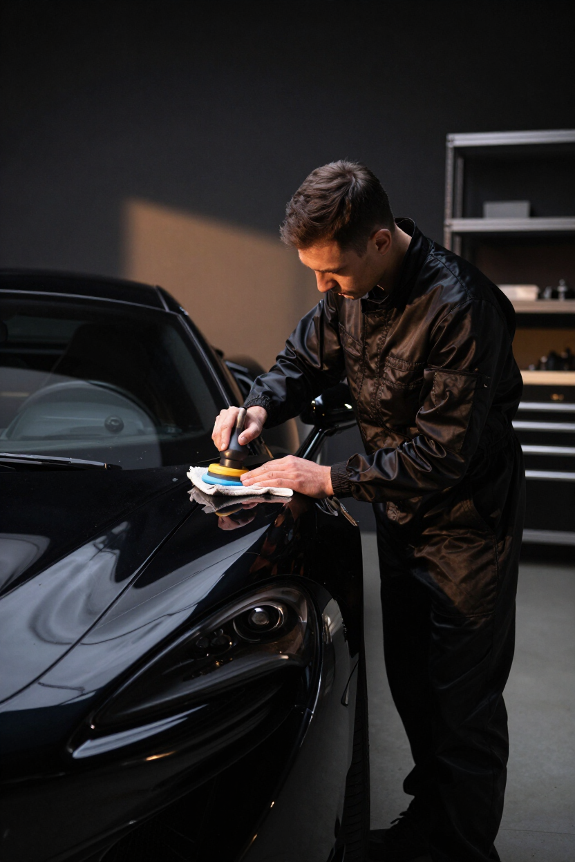 Professional car detailer at work