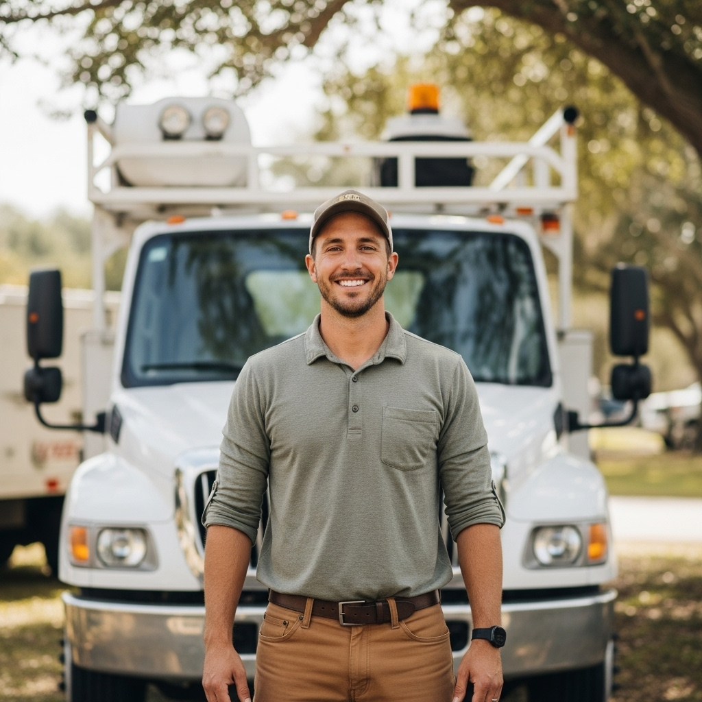 Smiling utility worker in a cap standing in front of a white service truck outdoors