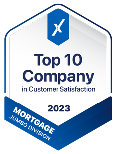 Blue and white award badge reading “Top 10 Company in Customer Satisfaction 2023,” Mortgage Jumbo Division