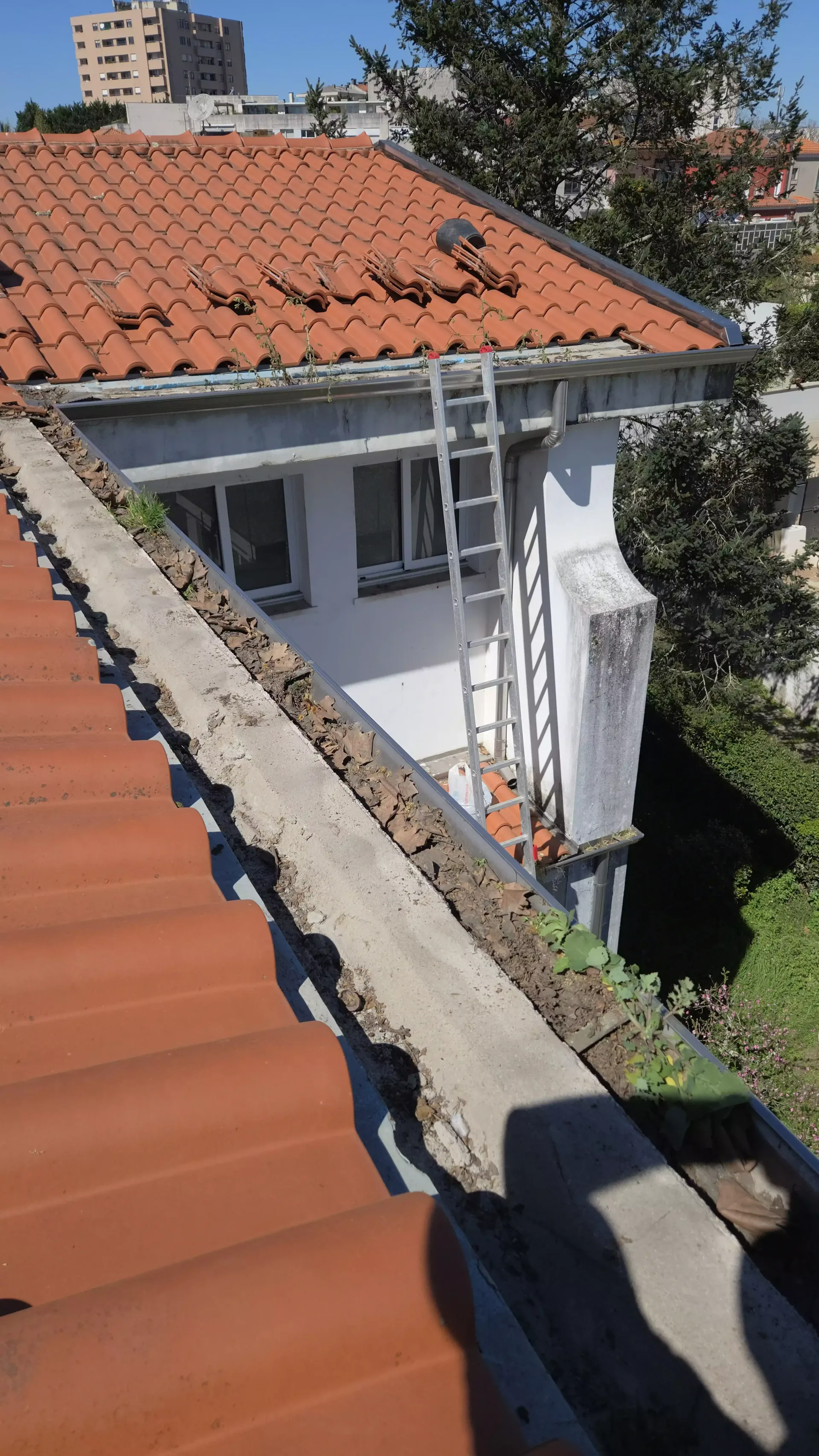 Caleiras com folhas e sujidade acumulada antes da limpeza