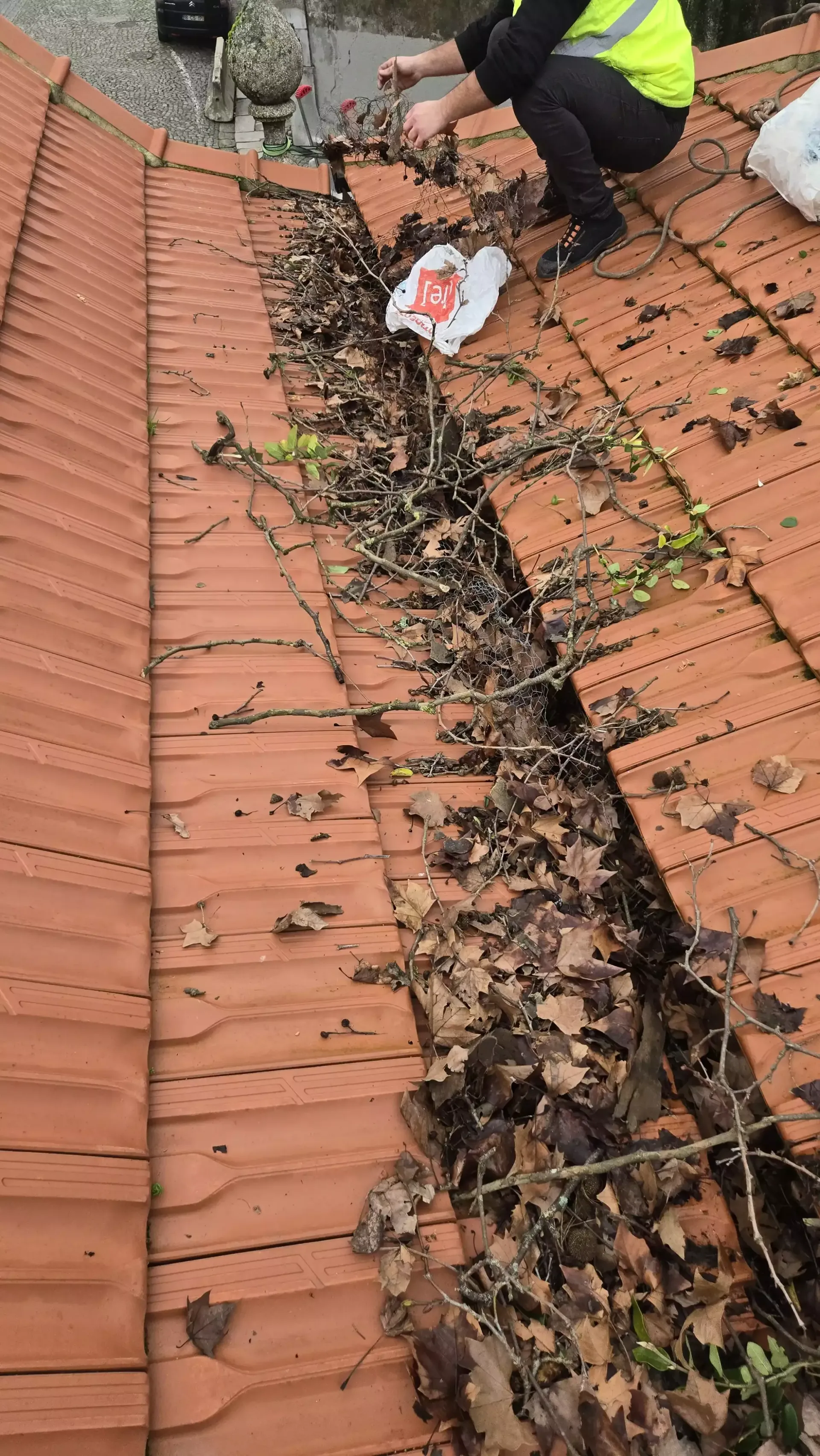 Cobertura exterior com folhas e resíduos antes da limpeza