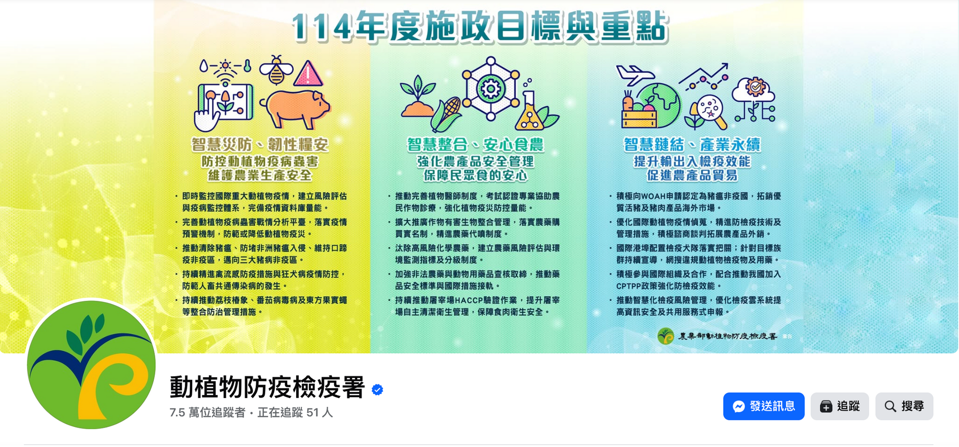 動植物防疫檢疫署粉絲頁，包含文字和插圖的圖表，可能用於政府機構。重點突出政策目標，使用豬和農產品等圖示。