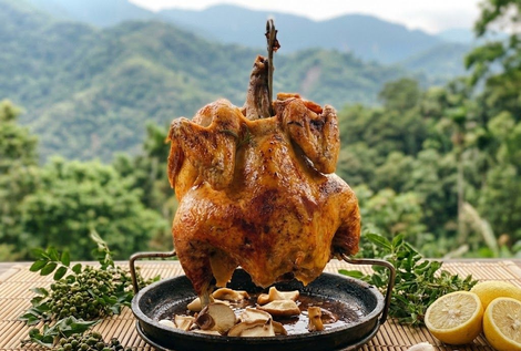 盤子裡盛著中興紅羽1982土雞做的雞肉飯,周圍擺放著竹筍、醬汁和湯等食材。