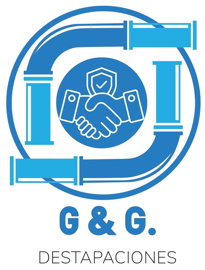 Logotipo azul con un apretón de manos dentro de un diseño de tubería circular y el texto “G & G. DESTAPACIONES” debajo.