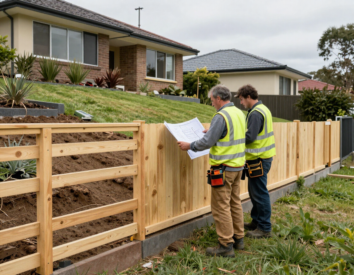 Installers checking a site plan beside a partially built timber fence
