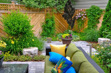 Backyard patio with green sectional sofa, colorful pillows, and lush garden beds by a wooden fence Backyard patio with green sectional sofa, colorful pillows, and lush garden beds by a wooden fence