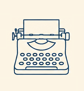 Minimalistische lijntekening van een blauwe vintage typemachine op een crèmekleurige achtergrond.