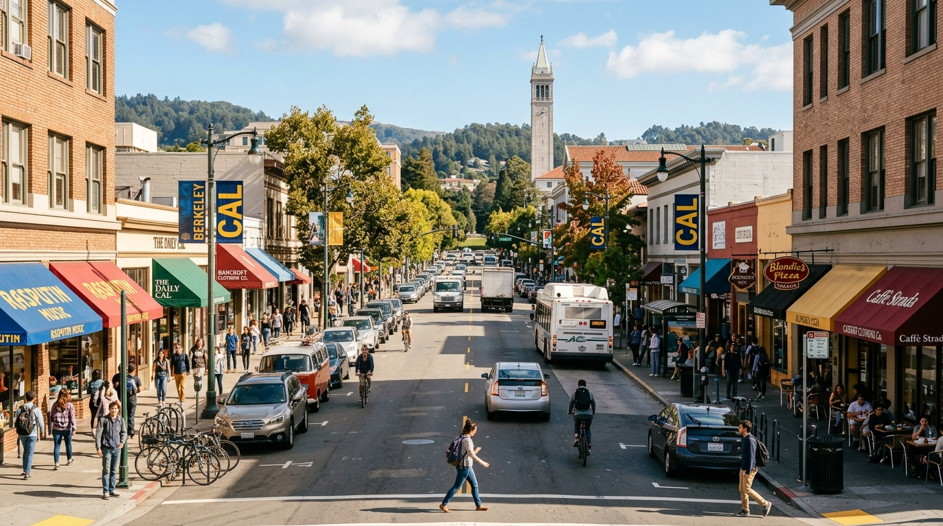 Cars parked along a tree-lined Berkeley street near the UC campus on a sunny afternoon