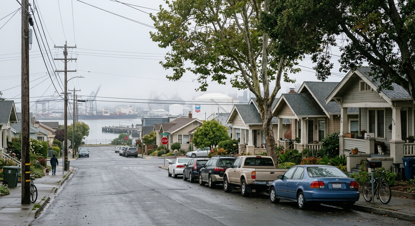 San Leandro, CA street view with cars on Marina Boulevard on a clear afternoon near the East Bay waterfront