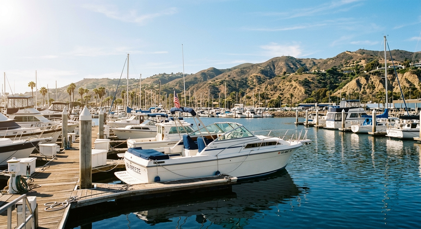 A motorboat cruising on calm blue water on a sunny day in the San Francisco Bay area