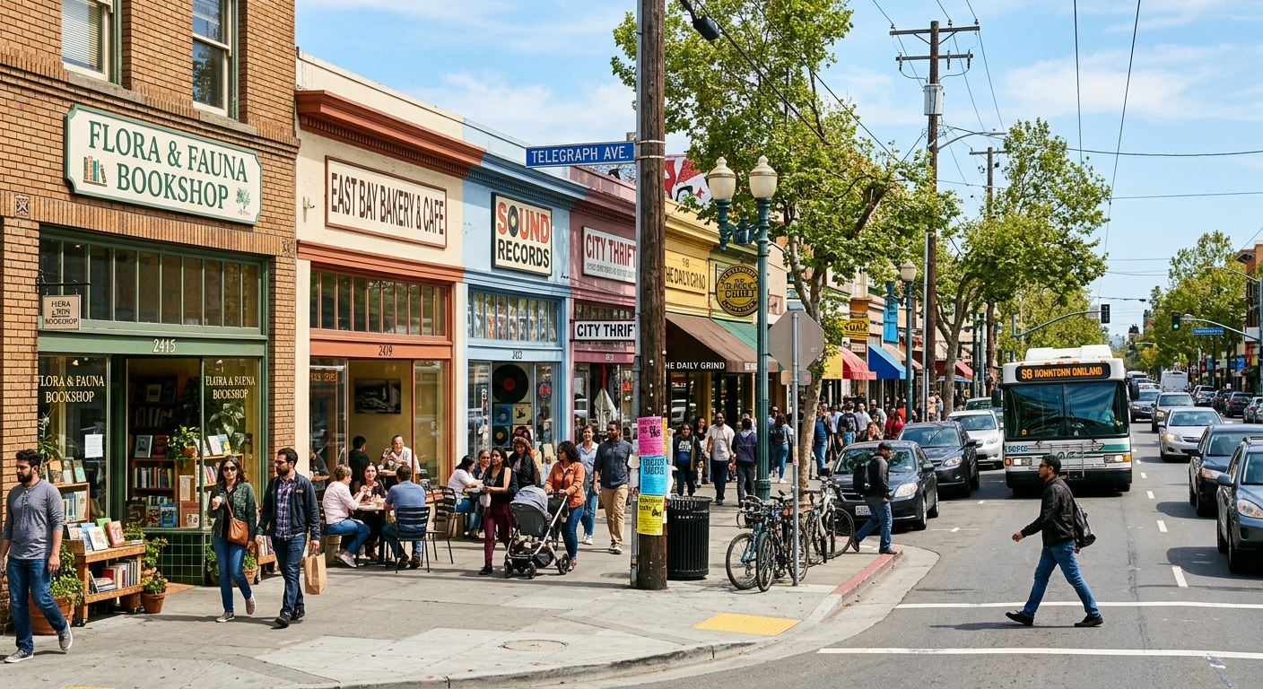 Small business owner reviewing insurance documents at a desk in an East Bay California office with a city view