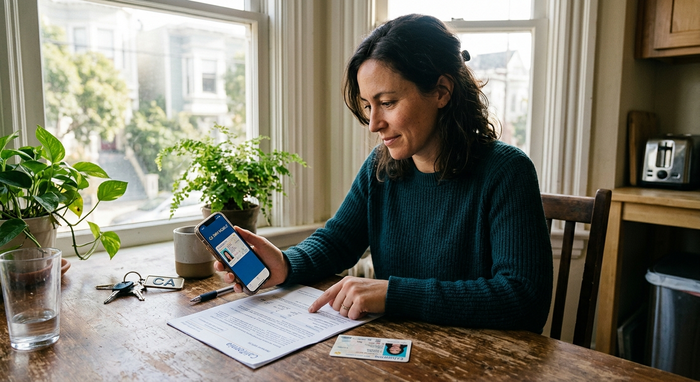 Driver reviewing auto insurance renewal paperwork at a desk in a California home office, with car keys nearby