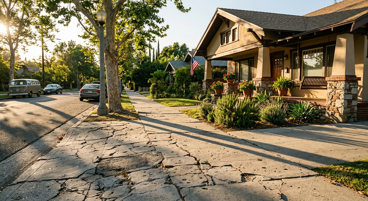 Aerial view of an East Bay California neighborhood with hillside homes near a visible fault line ridge at sunset