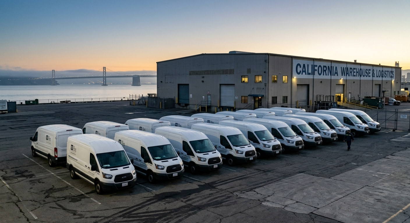 Commercial delivery van parked outside a Bay Area small business with California hills in the background on a sunny day