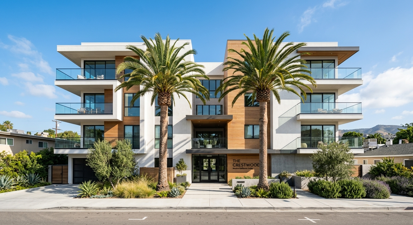 Aerial view of a California condominium complex with a shared courtyard and palm trees on a sunny day