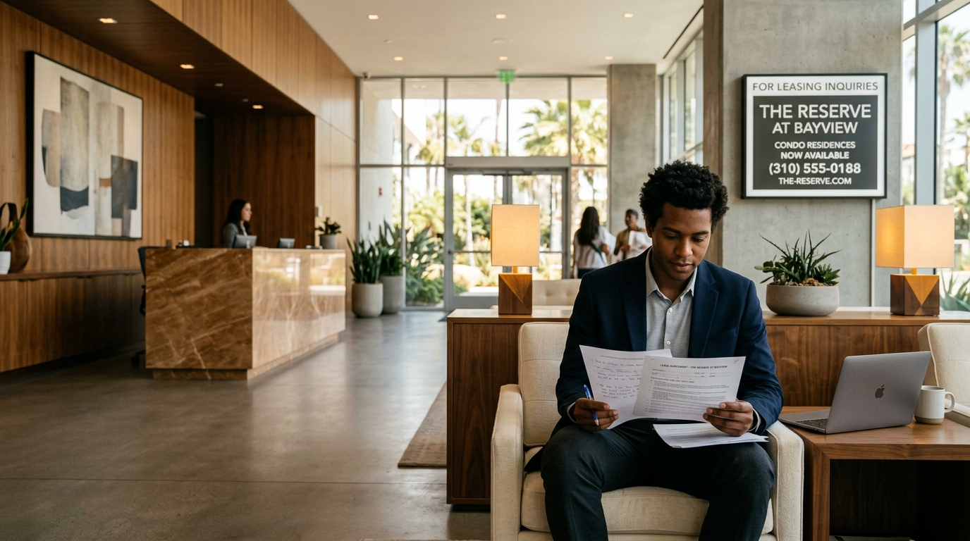 Two California apartment residents comparing insurance documents at a kitchen table, one in a condo, one in a rental unit