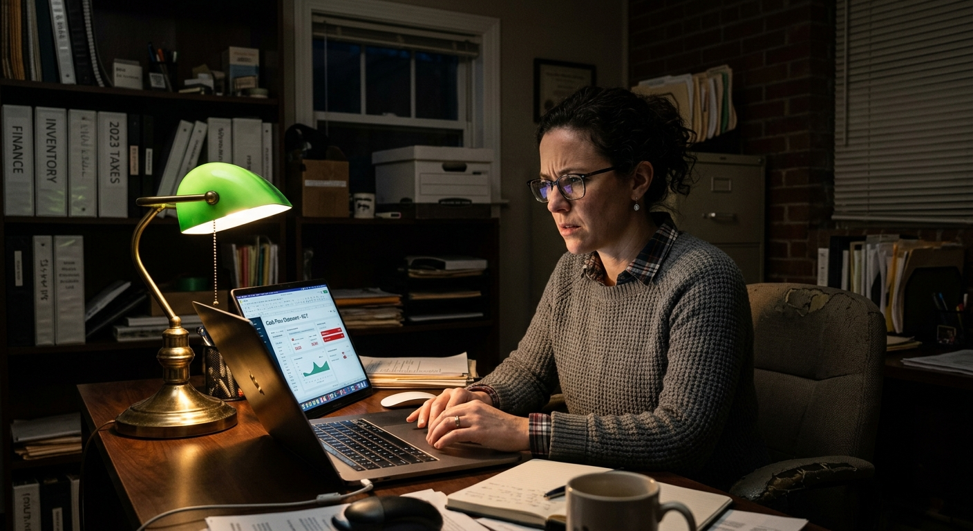 Small business owner reviewing documents at a desk with a laptop open showing a security alert notification on screen