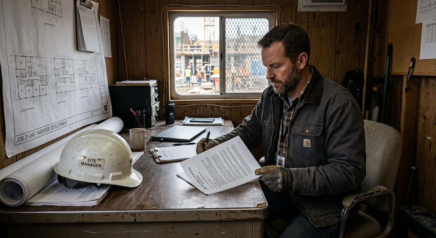 Business owner reviewing a surety bond certificate at a desk with a California contractor license and paperwork nearby