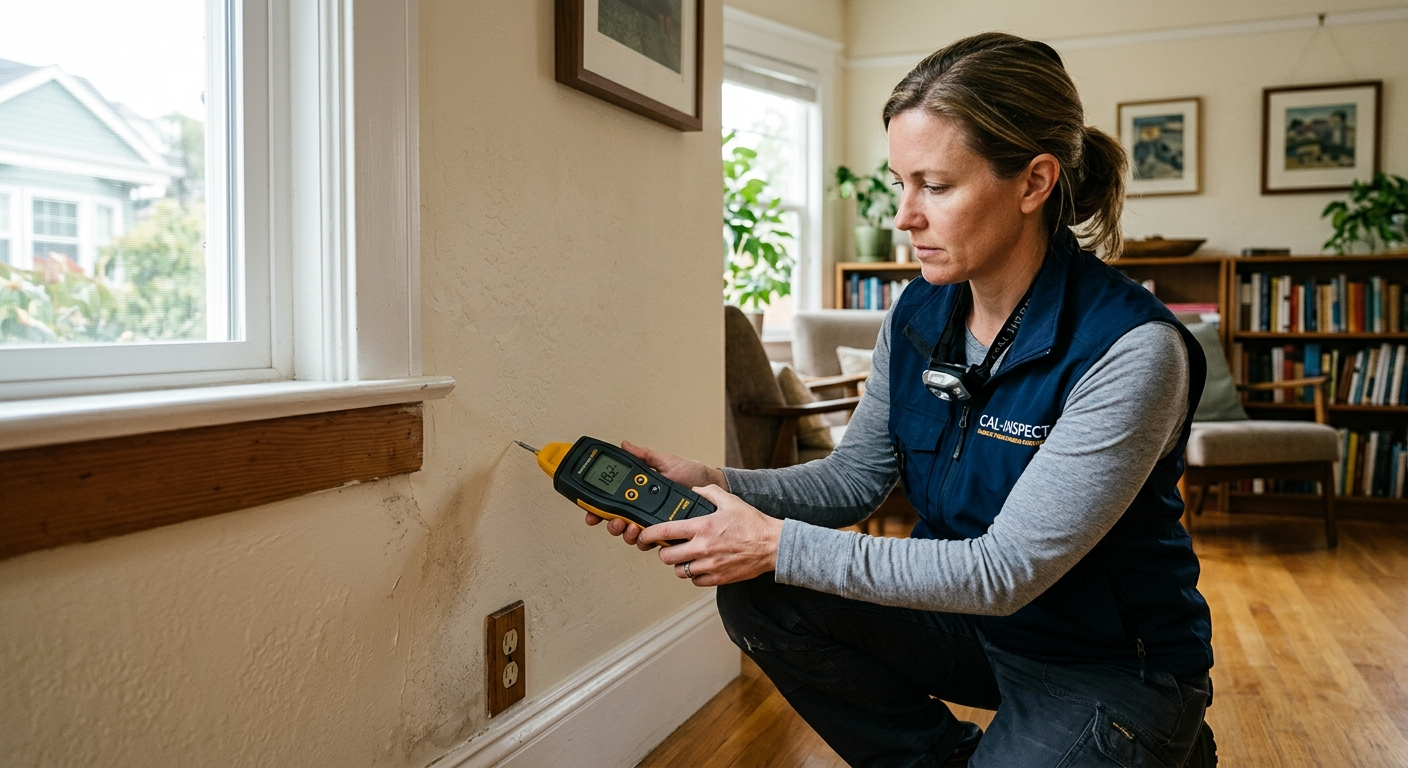 A Bay Area homeowner inspecting dark mold growth on a water-damaged interior wall near a window