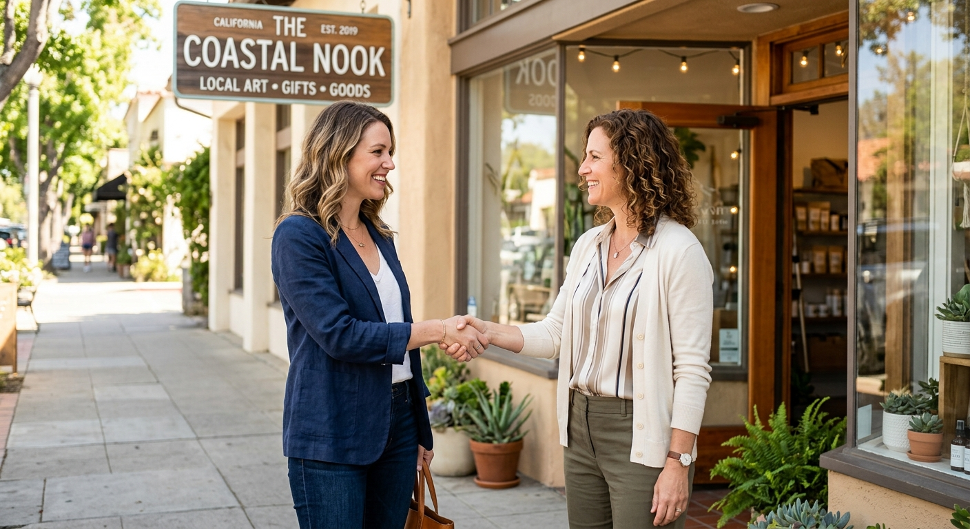 Small business owner reviewing insurance documents at a desk inside a California retail shop