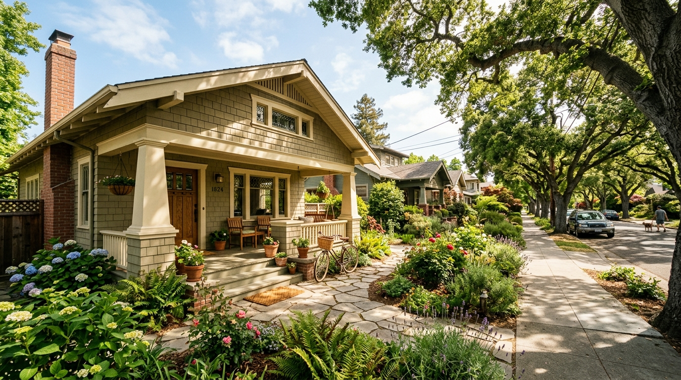 A classic Craftsman bungalow in Berkeley California with the Oakland Hills visible in the background on a clear afternoon