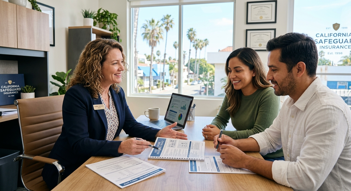 Independent insurance agent sitting across a desk from a client reviewing policy documents in a California office