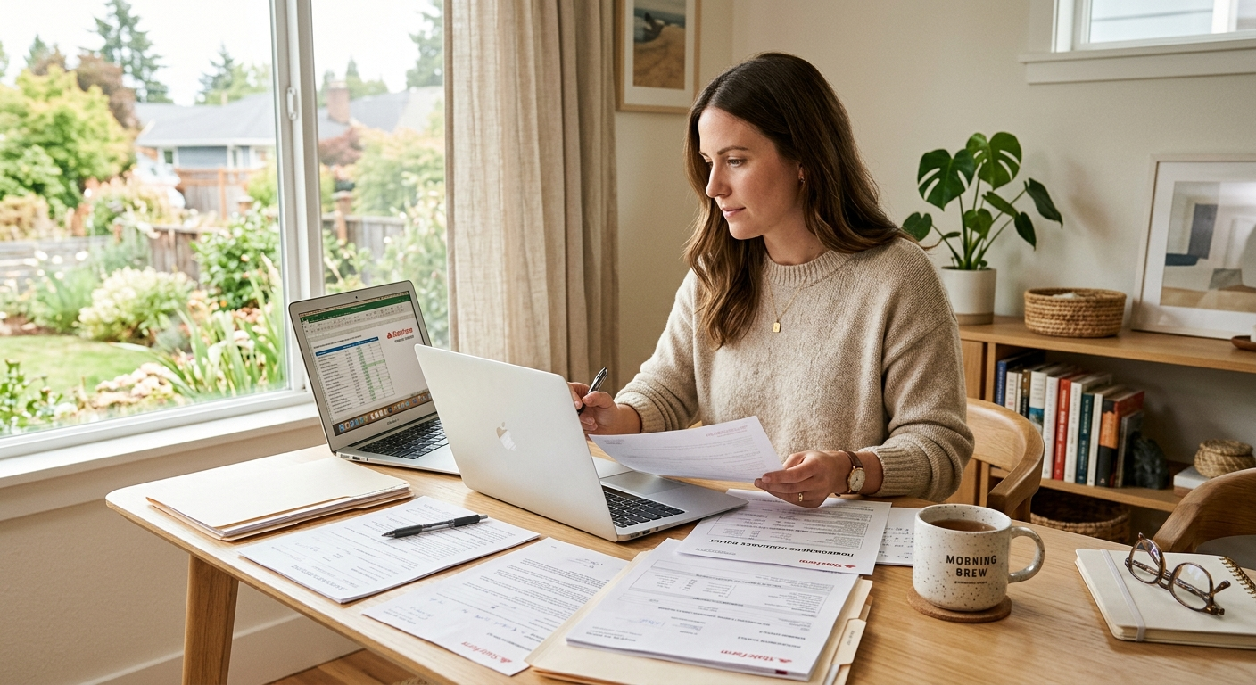 Person reviewing multiple car insurance quote documents at a desk in a California suburb