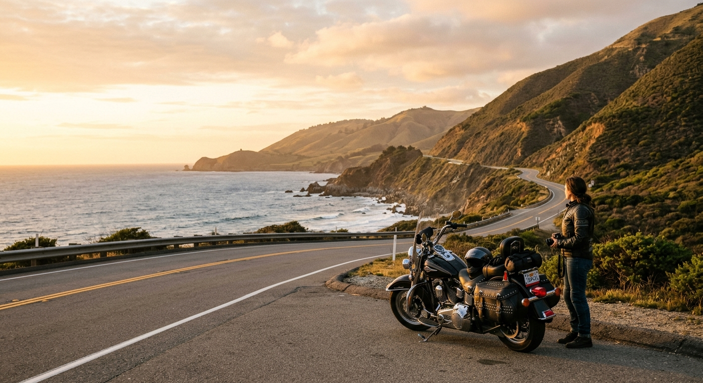 Motorcyclist riding on a scenic California highway with rolling hills and blue sky in the background