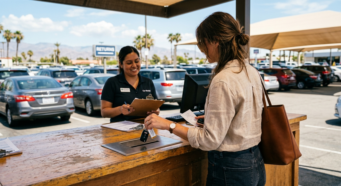 Driver reviewing insurance documents beside a rental car in a California parking lot on a sunny afternoon