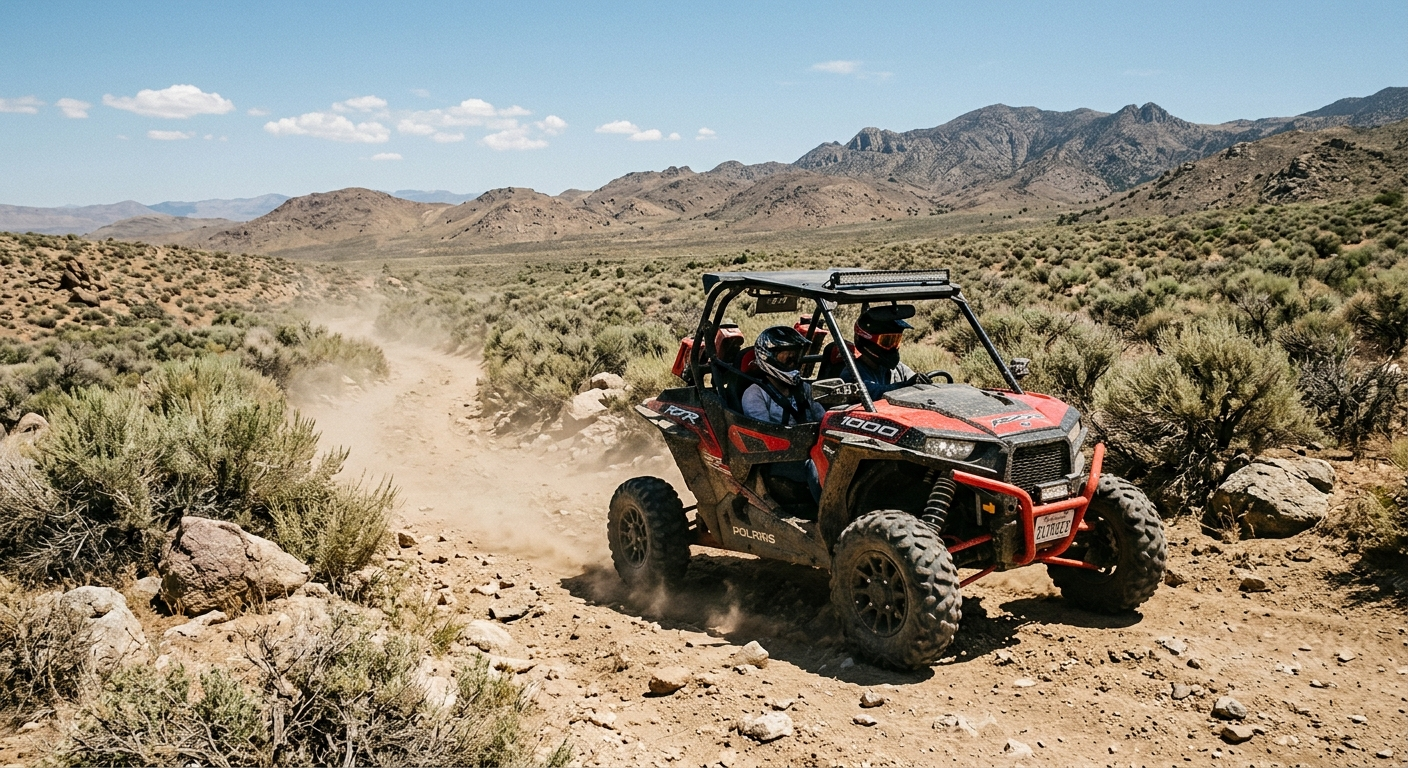 Rider on an ATV navigating a dusty dirt trail through dry golden hills in California