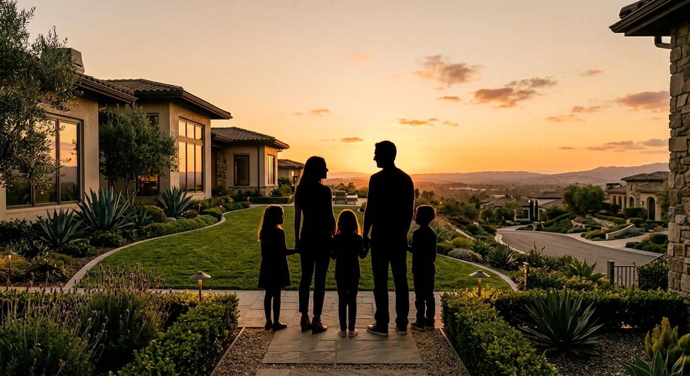 Family standing in front of a California suburban home with a car in the driveway on a sunny afternoon