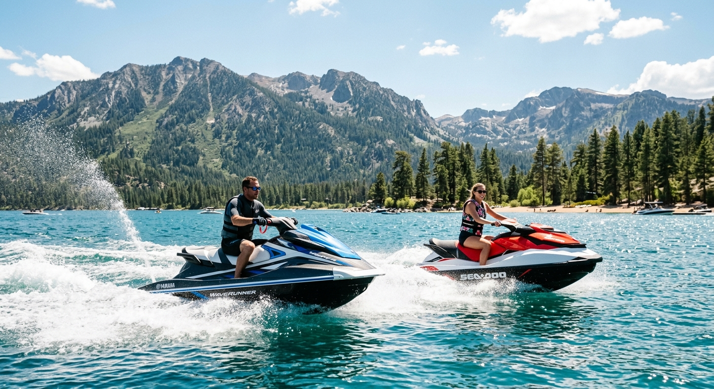 Two jet skis speeding across a calm California bay on a sunny afternoon with hills in the background