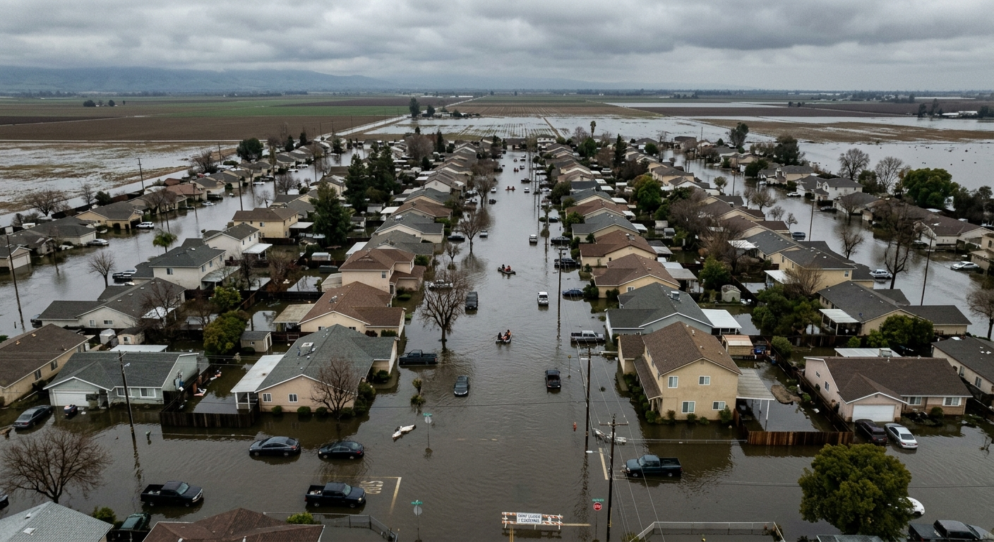 Flooded suburban street in California with water covering a driveway and front yard after heavy rainfall