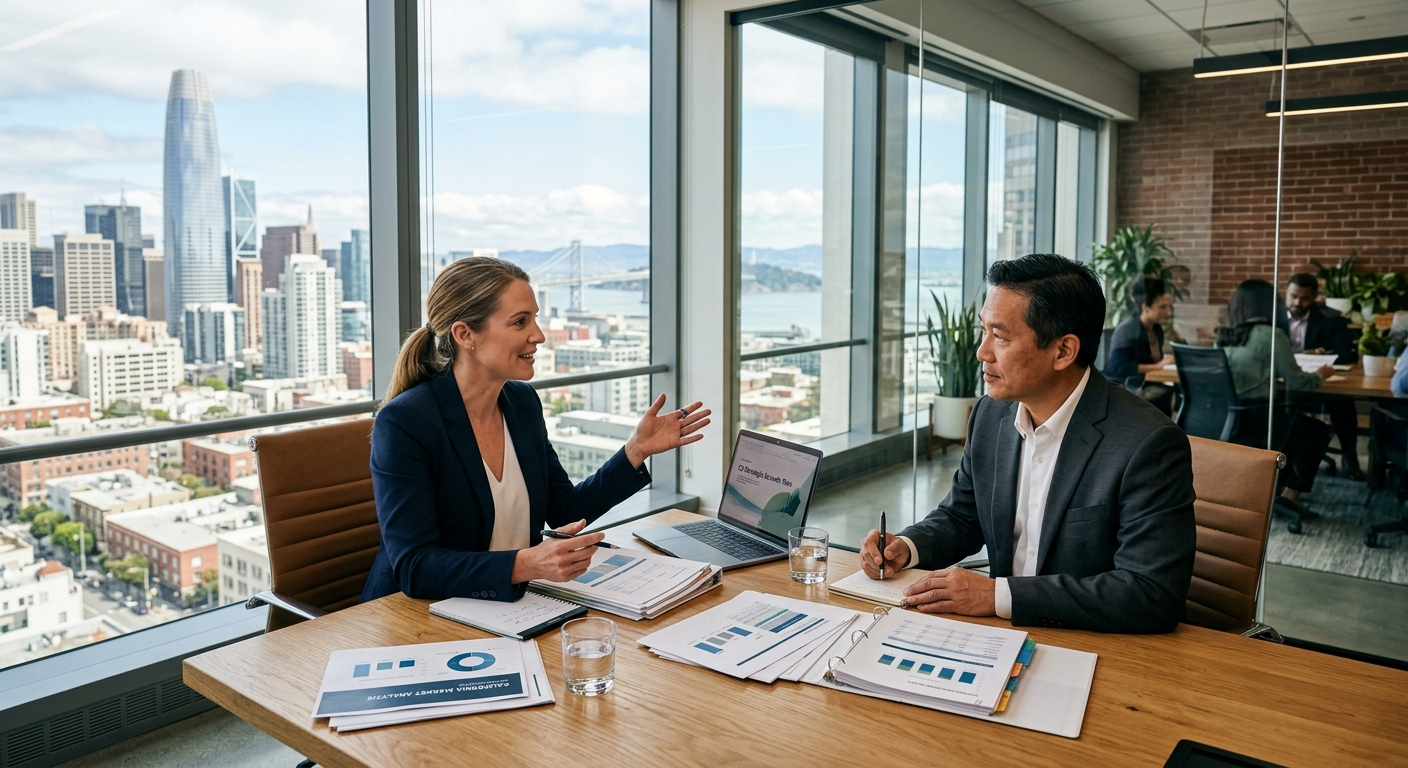 Professional consultant reviewing a contract at a desk in a Bay Area office, laptop open beside her