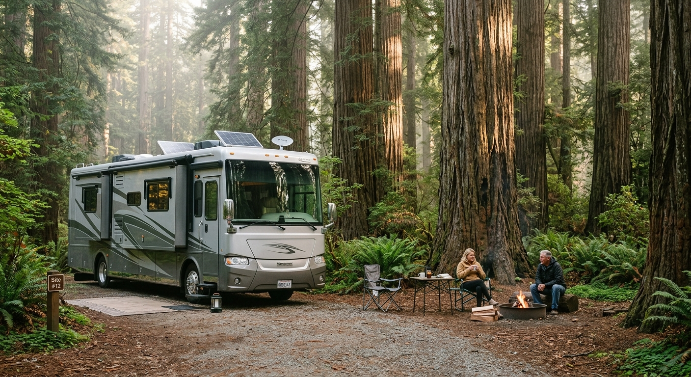 A large Class A motorhome parked at a California campground with pine trees and blue sky in the background