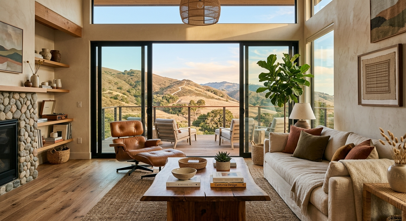 A bright, furnished living room in a California vacation rental home with large windows and natural light