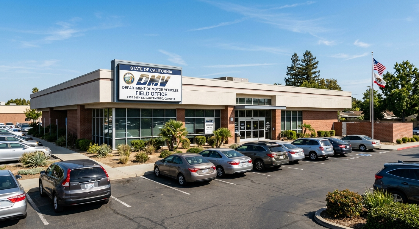 California DMV building exterior on a sunny day with a car parked in front