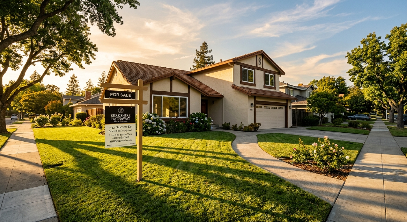 A quiet, unoccupied single-family house with overgrown grass and closed shutters on a sunny California street