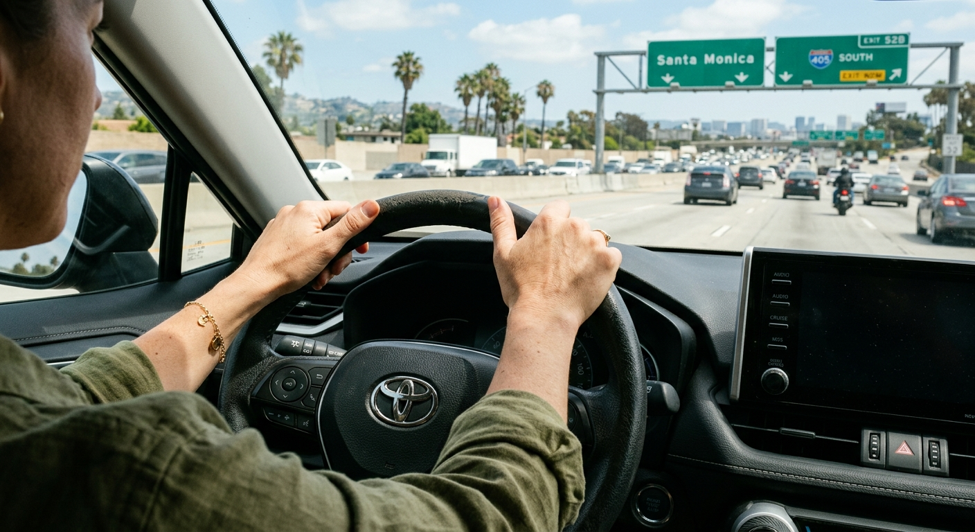 California driver reviewing auto insurance policy documents at a desk with a car key and pen nearby