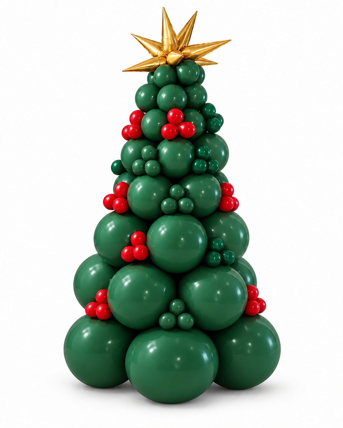 Illustrated green balloon Christmas tree with red ornaments and a gold star